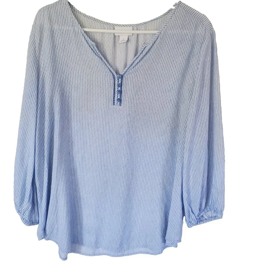 Liz Claiborne Womens Popover Top Size L Blue Stripe Nautical Coastal Beachy Boho